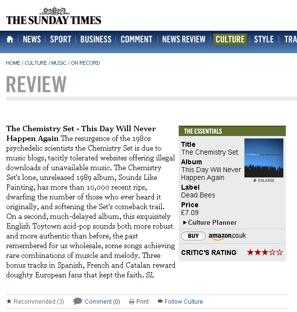 Press - The Chemistry Set: "This Day Will Never Happen Again". The Sunday Times review (April, 24th. 2011)